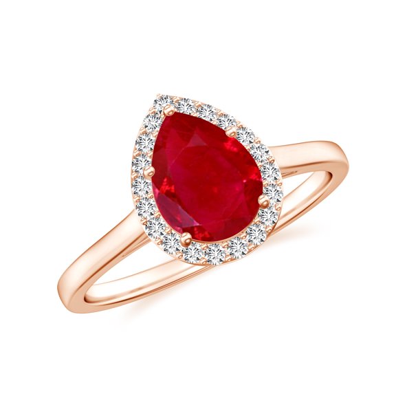 Natural Pear Shaped Ruby Halo Engagement Ring with Moissanite in Rose Gold Plated/ 925 Sterling Silver| Teardrop July Birthstone, Birthday, Anniversary, Wedding Jewelry, Ring Size 5