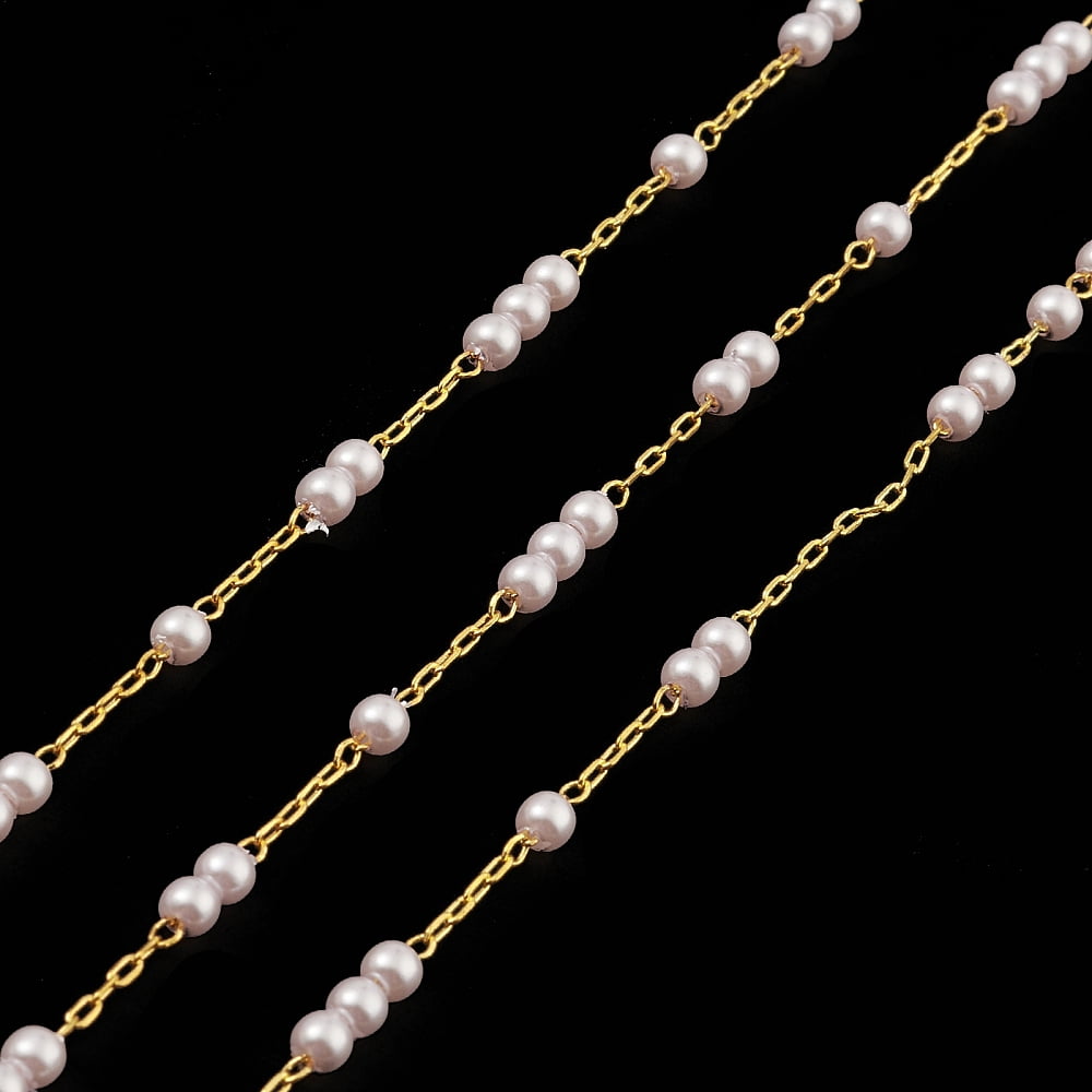 Natural Pearl Beaded Chains Cadmium Free & Nickel Free & Lead Free with Brass Findings Unwelded with Spool Real 18K Gold Plated 2.5x1x0.2mm Beads: 3mm