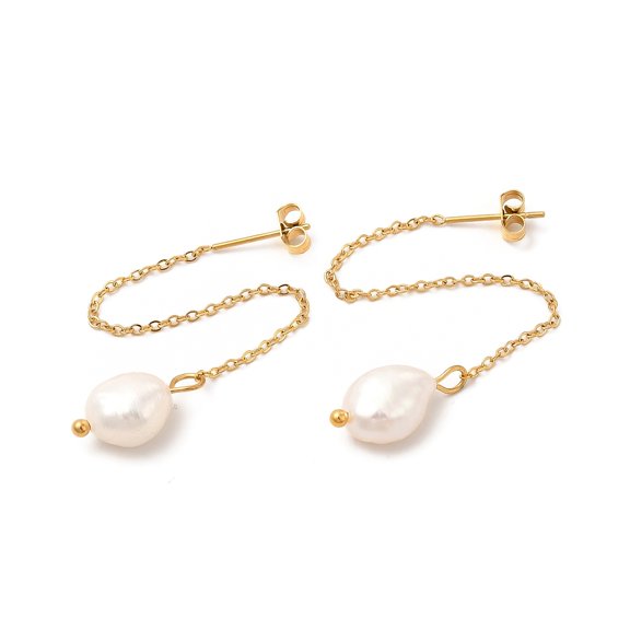 Natural Pearl Beaded Ear Thread PVD Vacuum Plating 304 Stainless Steel Tassel Dangle Stud Earrings for Women Golden 88mm Pin: 0.7mm