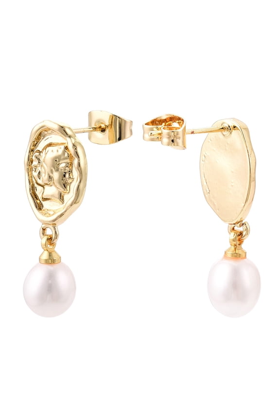 Natural Pearl Dangle Stud Earrings Brass Human Earring with 925 Sterling Silver Pins Real 18K golden Plated 25~26x9mm Pin: 12x0.8mm