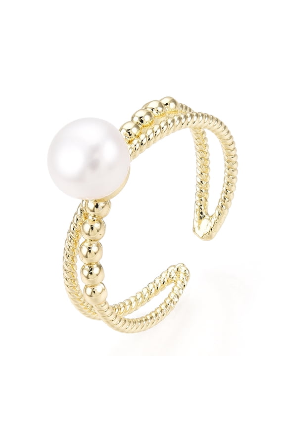 Natural Pearl Double Lines Brass Open Cuff Finger Rings Real 18K Gold Plated US Size 5 3/4(16.3mm)