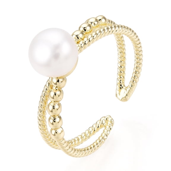 Natural Pearl Double Lines Brass Open Cuff Finger Rings Real 18K Gold Plated US Size 5 3/4(16.3mm)