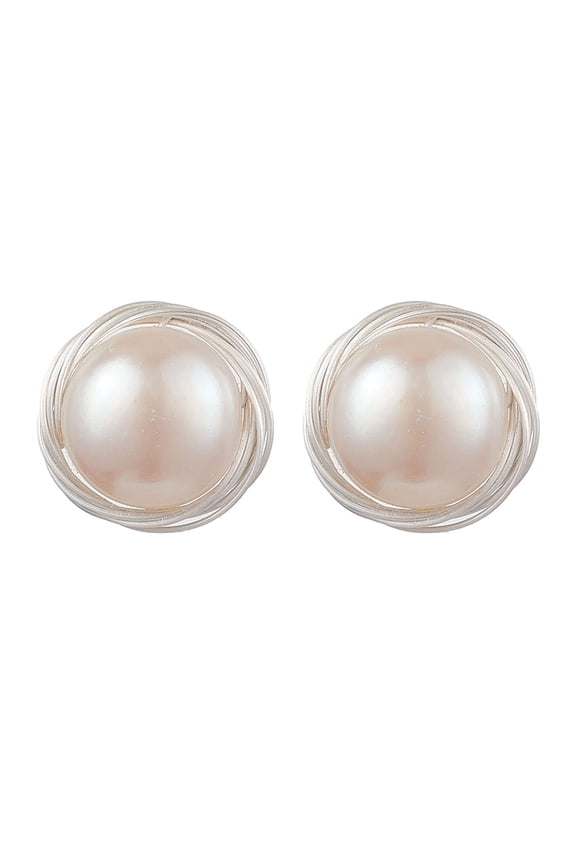 Natural Pearl Ear Studs with Sterling Silver Findings Flat Round Platinum 11mm Pearl