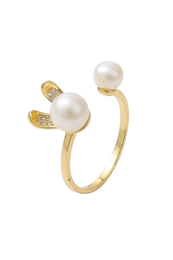 Natural Pearl Finger Rings Sterling Silver Micro Pave Cubic Zirconia Cuff Rings for Women Rabbit Real 18K Gold Plated Inner Diameter: 17mm