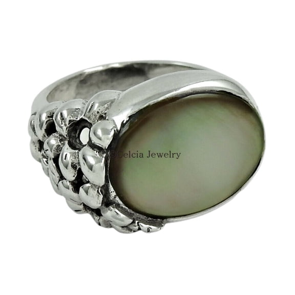 Natural Pearl Gemstone Ring, Beautiful Handcrafted 925 Solid Sterling Silver Ring, Signet Ring, Dainty Ring, Solitaire Ring, Natural Mother of Pearl Stone, Unique Unisex Ring (Pearl, 7)