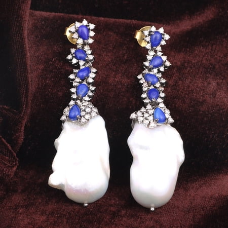Natural Pearl Lapis Lazuli,Diamond Gemstone 925 Sterling Silver Earrings