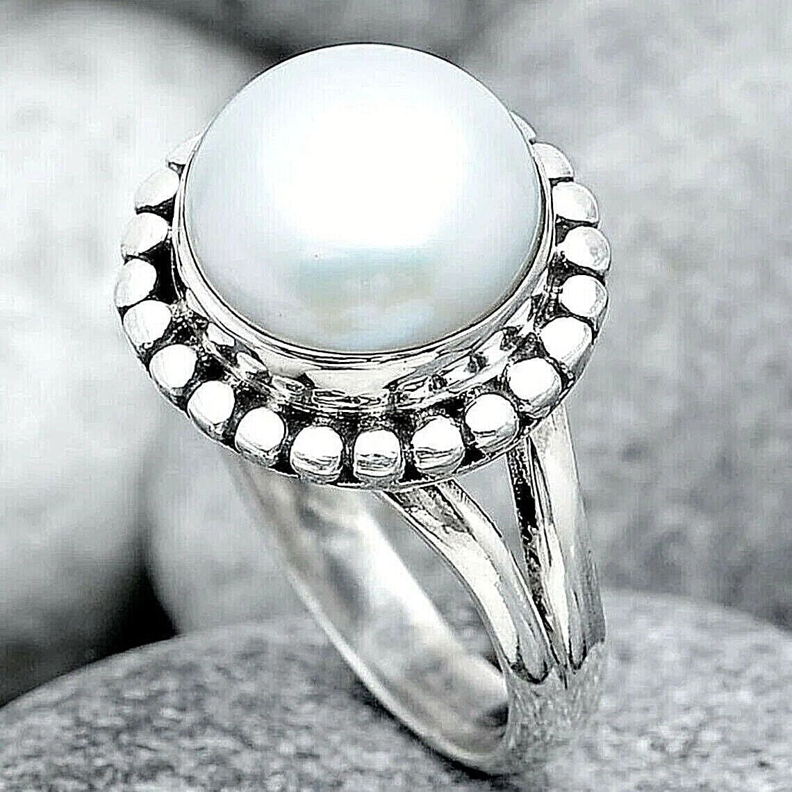 Pearl Ring Men 9 mm Round Pearl Band Mens Pearl Ring Mens Silver Heavy Ring  | eBay