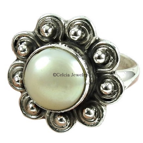 Natural Pearl Round Ring, Genuine 925 Sterling Silver, White Stone Cabochon Ring, Statement Ring, Meditation Ring, Gothic Ring, Solitaire Ring, Birthday Gifts For Women, June Birthstone Size 7