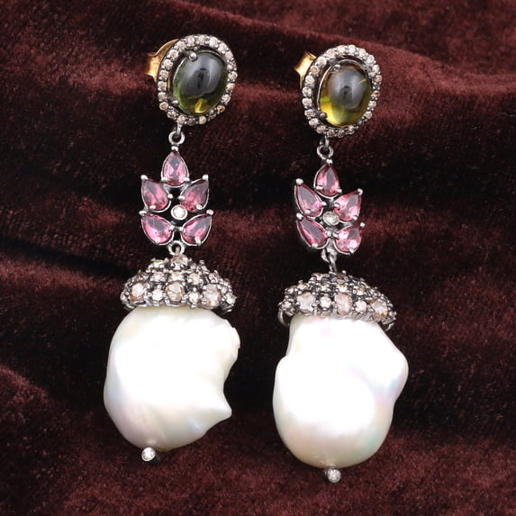 Natural Pearl Tourmaline,Diamond Gemstone 925 Sterling Silver Earrings