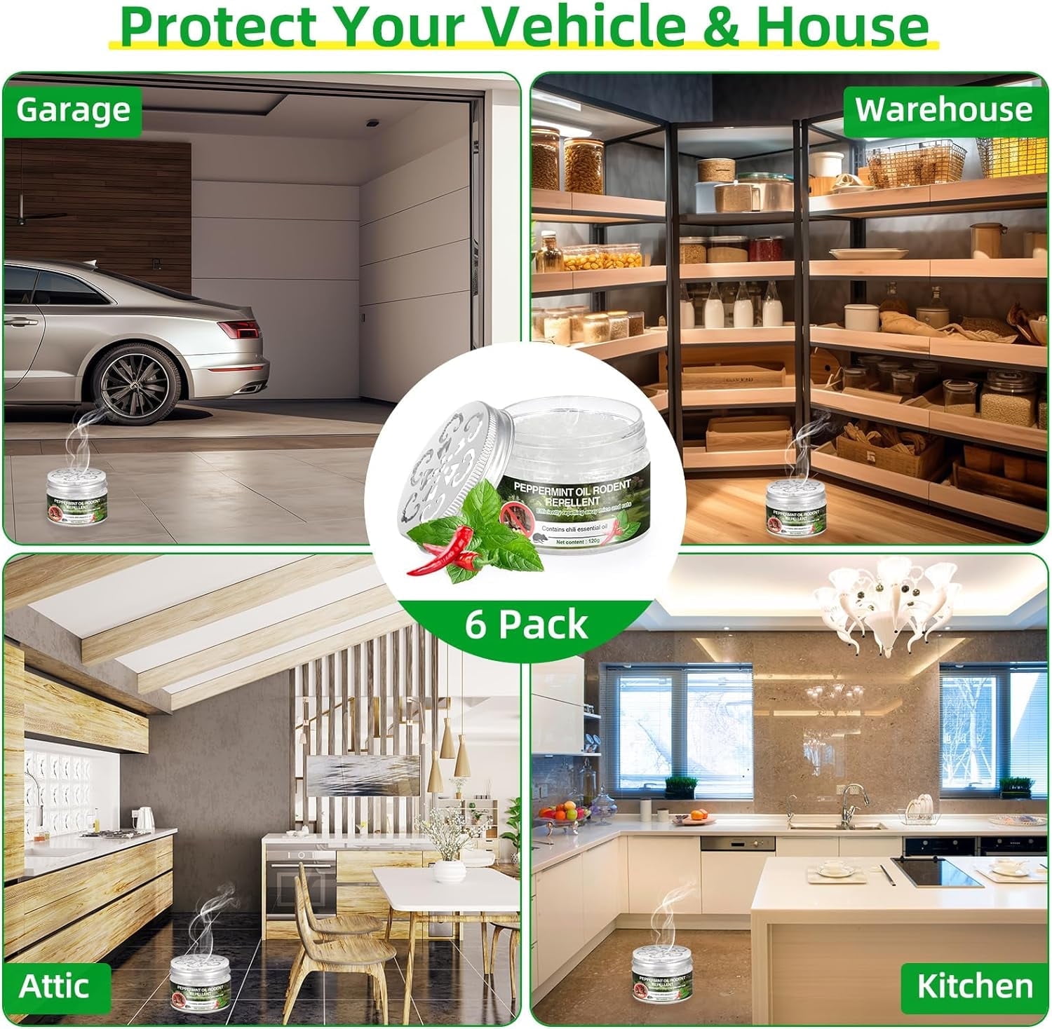 Natural Peppermint Oil Mouse Repellent for Car Engine - Safe Pest Control Solution - Set of 6 Packs