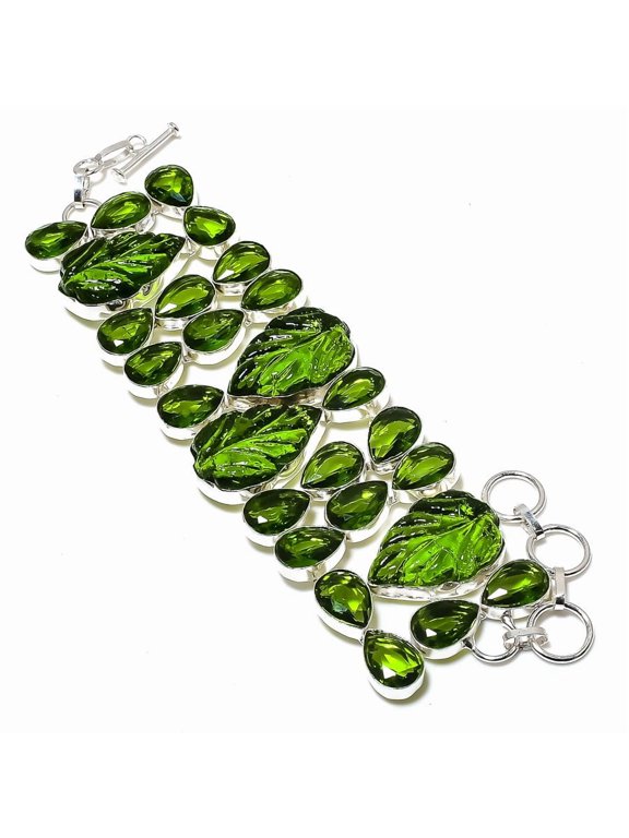Natural Peridot Carving, Peridot Gemstone 925 Sterling Silver Bracelet 7-8"