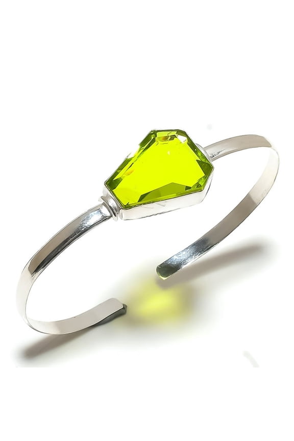 Natural Peridot Gemstone 925 Sterling Silver Cuff Bangle Adjustable