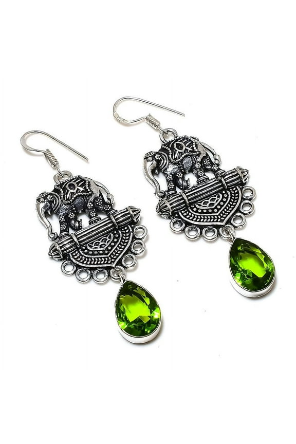 Natural Peridot Gemstone Handmade 925 Sterling Silver Gift Earring 2.56"
