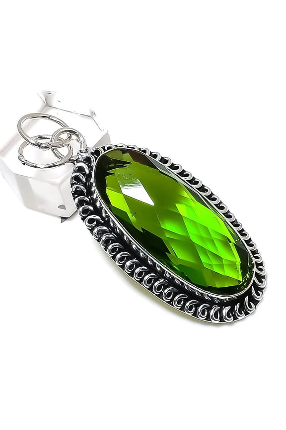 Natural Peridot Gemstone Handmade 925 Sterling Silver Jewelry Pendant 2.36"