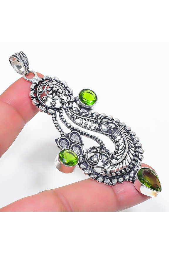Natural Peridot Gemstone Handmade 925 Sterling Silver Jewelry Pendant 3.43"