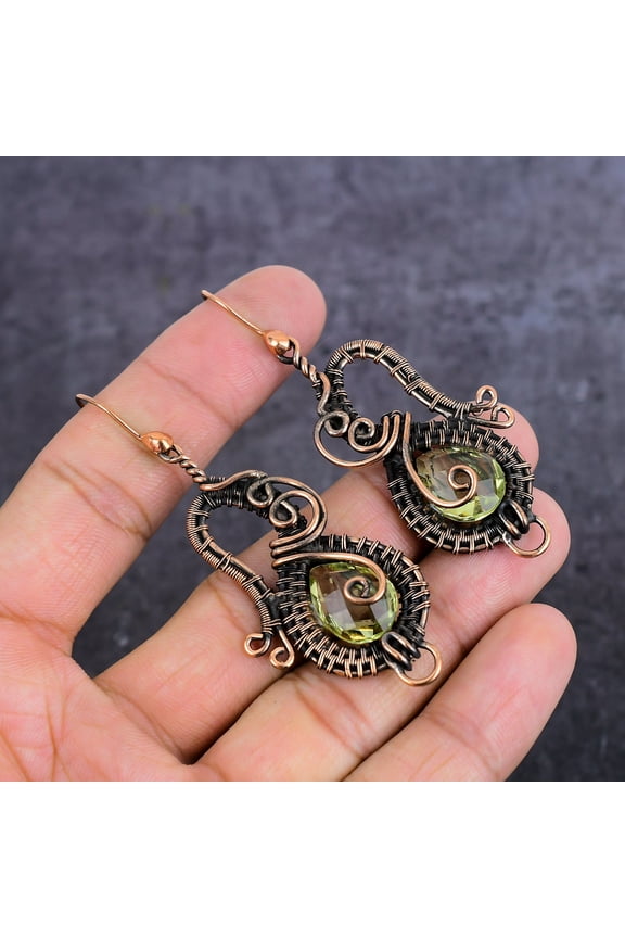 Natural Peridot Gemstone Handmade Copper Wire Wrap Jewelry Earring 2.84"