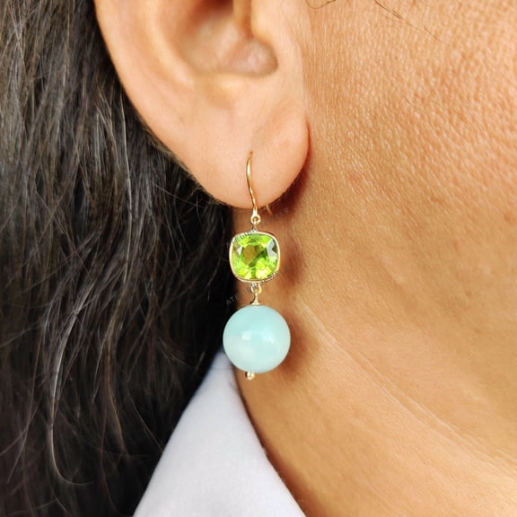 Natural Peridot & Larimar Earrings, 14K Solid Gold EarringS, Natural Peridot Danglers, August Birthstone, Larimar Jewelry, Christmas Present