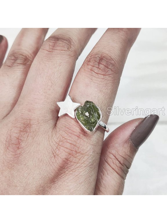 Natural Peridot Ring, Raw Peridot Gemstone Ring, August Birthstone, Adjustable Star Ring, 925 Sterling Silver, Womens Ring, Christmas, Thanksgiving, Handmade, Statement Jewelry, Rough Gemstone Jewelry