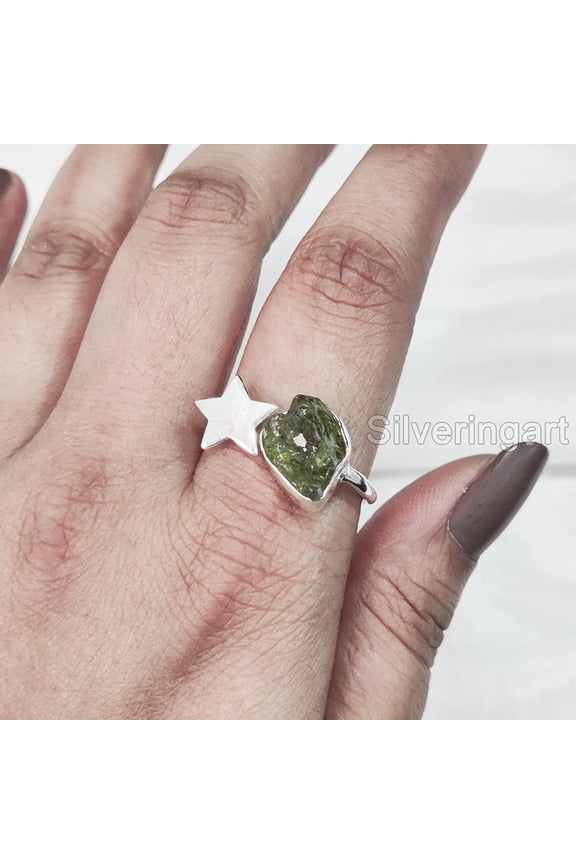 Natural Peridot Ring, Raw Peridot Gemstone Ring, August Birthstone, Adjustable Star Ring, 925 Sterling Silver, Womens Ring, Christmas, Thanksgiving, Handmade, Statement Jewelry, Rough Gemstone Jewelry