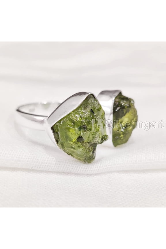 Natural Peridot Ring, Raw Peridot Gemstone Ring, August Birthstone, Adjustable, 2 Stone, 925 Sterling Silver, Womens Ring, Christmas, Thanksgiving, Handmade, Statement Jewelry, Rough Gemstone Jewelry