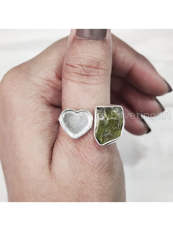 Natural Peridot Ring, Raw Peridot Gemstone Ring, August Birthstone, Adjustable Heart Ring, 925 Sterling Silver, Women Ring, Christmas, Thanksgiving, Handmade, Statement Jewelry, Rough Gemstone Jewelry