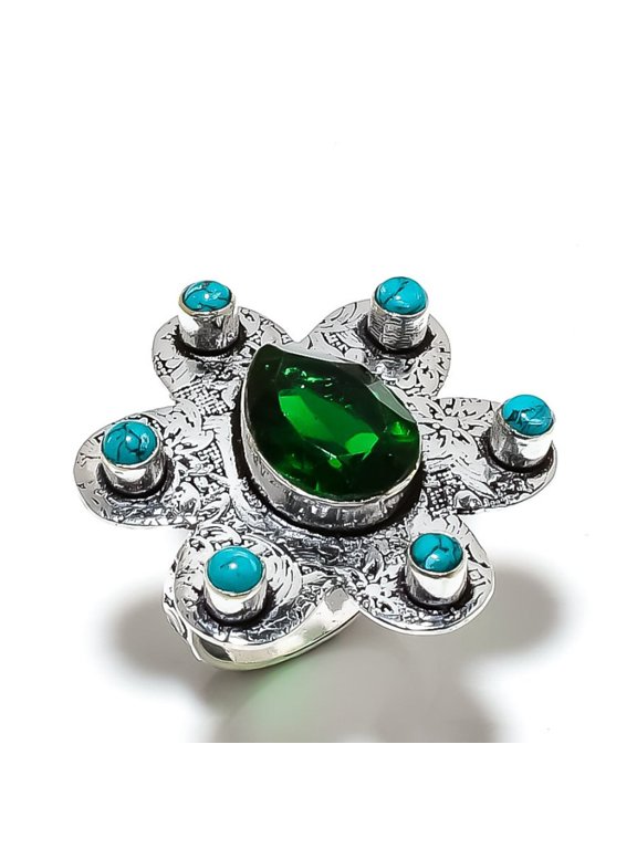 Natural Peridot, Turquoise Gemstone 925 Sterling Silver Gift Ring Size 8