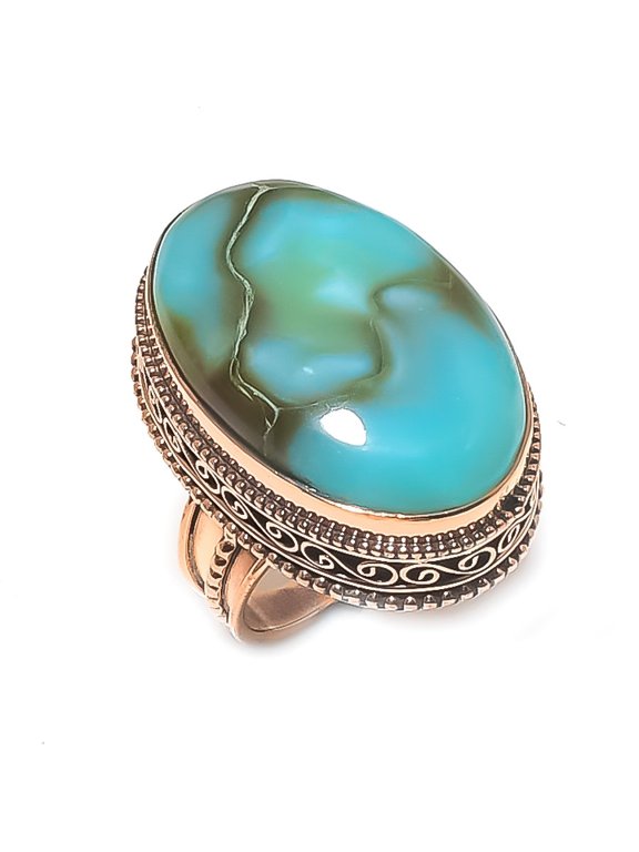 Natural Peruvian Opal Gemstone Handmade Copper Jewelry Ring Size 8