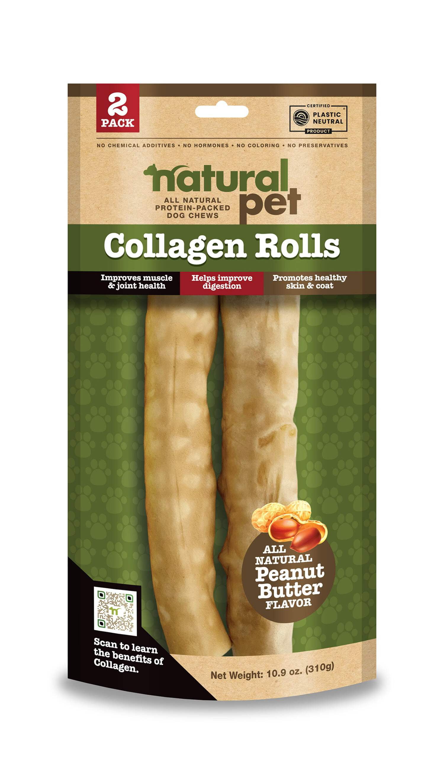 Natural Pet Peanut Butter Collagen Dog Rolls, High Protein Chews, Non-GMO, Gluten and Corn Free