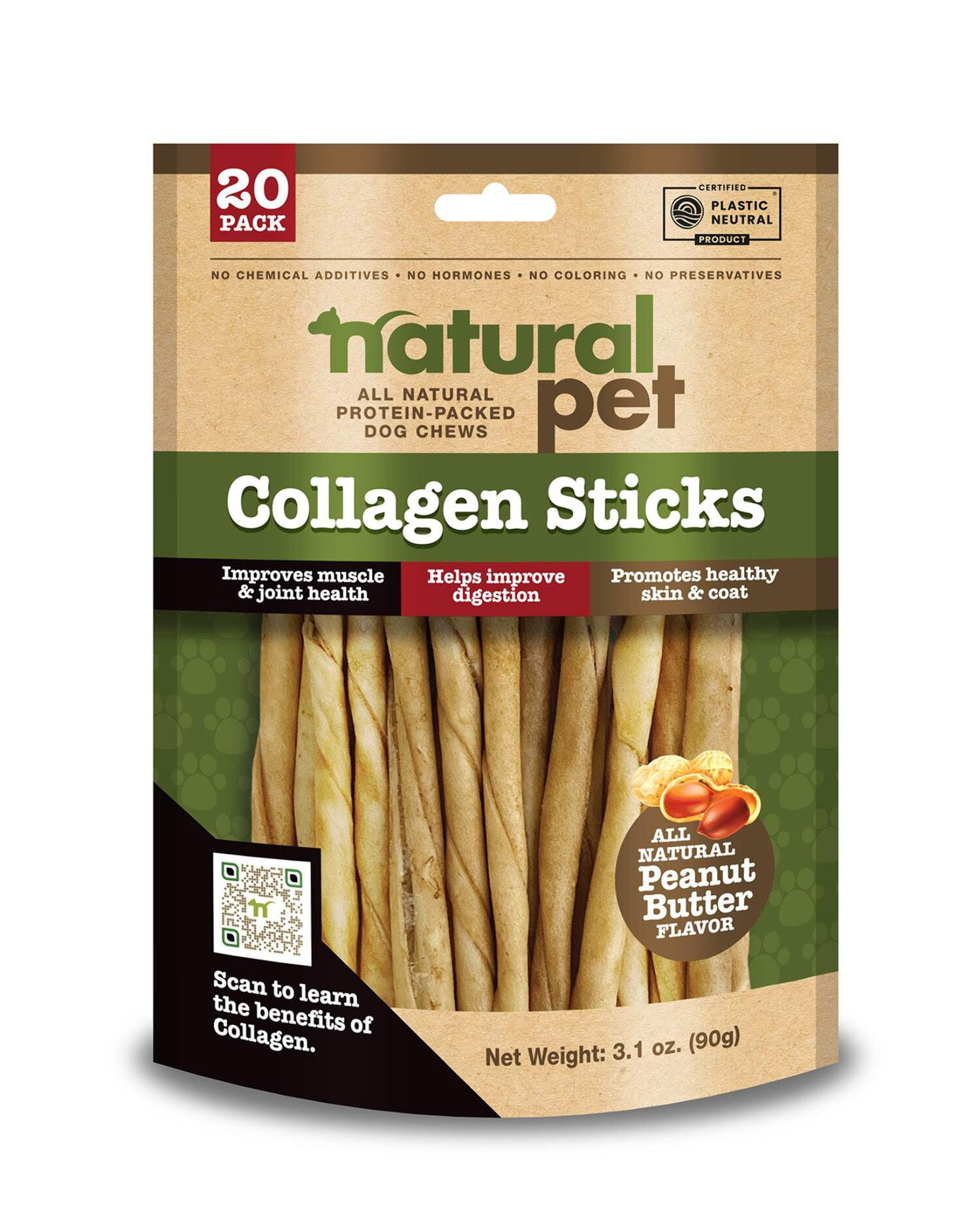 Natural Pet Peanut Butter Collagen Twist Sticks, 20 Count Bag - KTR Group