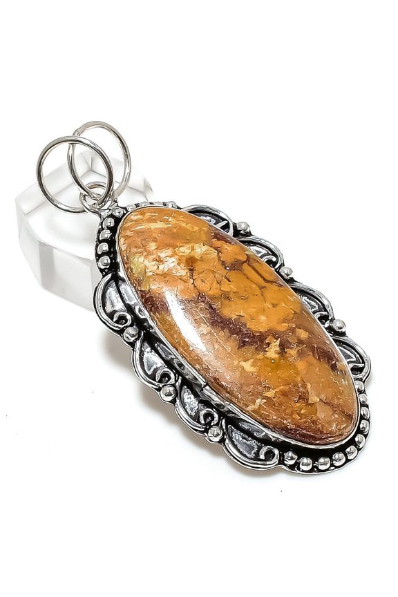 Natural Petrifide Wood Gemstone Handmade 925 Sterling Silver Pendant 2.68"