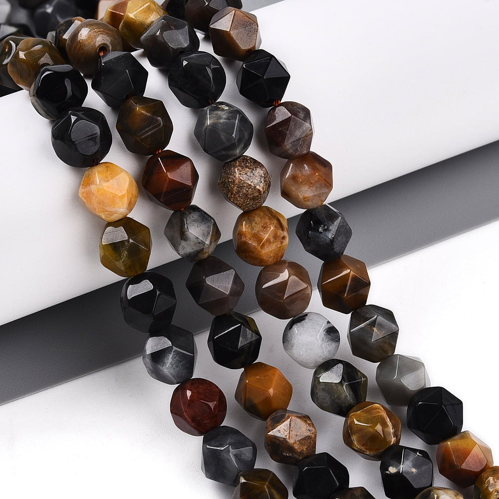 Natural Petrified Wood Beads Strands Faceted Star Cut Round Beads 7~8x6~7.5x6~7.5mm Hole: 1mm about 48~49pcs/strand 14.17~15.35''(36~39cm)