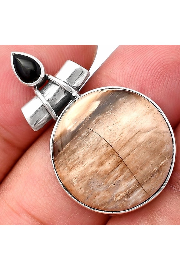 Natural Petrified Wood & Black Onyx 925 Sterling Silver Pendant Jewelry P-1159 SDP142788