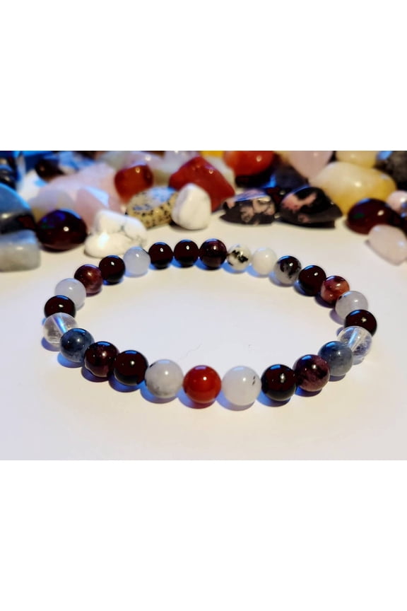 Natural Phantom Quartz, Black Tourmilated Quartz & Garnet 8mm Round Shape Smooth Cut Beads Stretchable Bracelet for Men & Women.