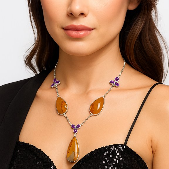 Natural Picture Jasper & Amethyst 925 Sterling Silver Necklace Jewelry N-1021 SDN1785