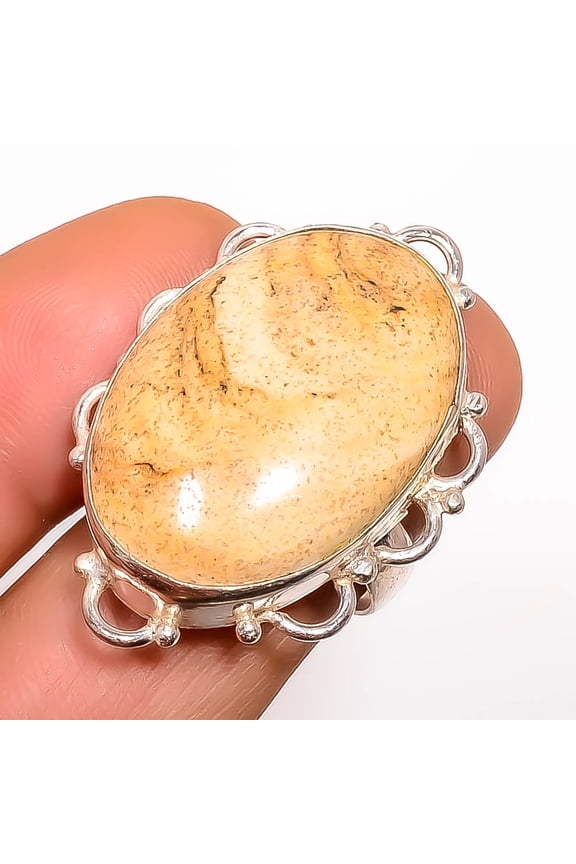 Natural Picture Jasper - Oregon 925 Sterling Silver Ring Size 8|Handmade Ring, Gift for her, Yellow Ring, Gemstone Silver Jewelry