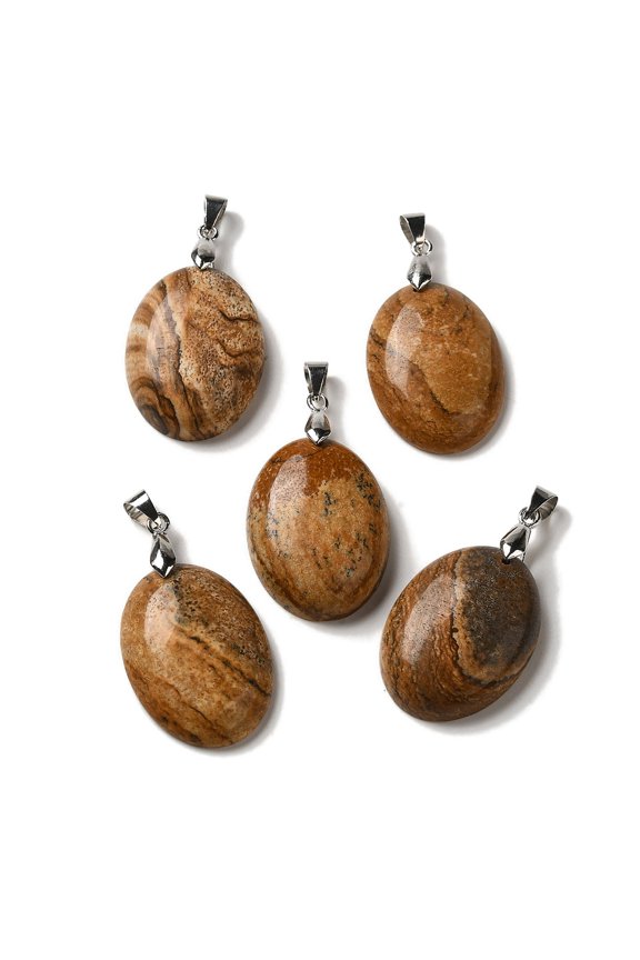 Natural Picture Jasper Pendants Oval Charms with Rack Plating Platinum Plated Brass Snap on Bails 30x21.5~22x6~6.5mm Hole: 6x4mm