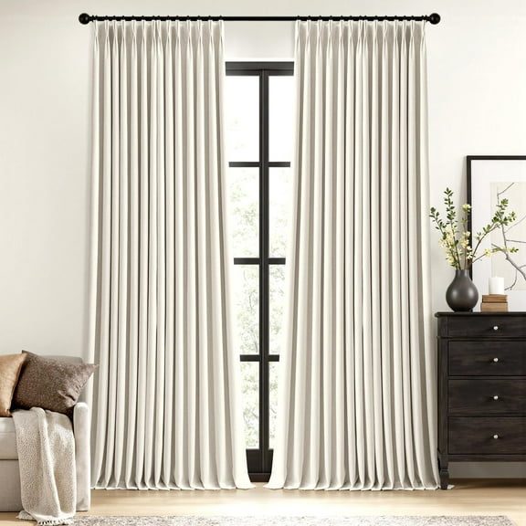 Natural Pinch Pleated 100% Blackout Linen Curtains for Bedroom, Room Darkening Light Blocking Window Curtains 84 inches Long for Living Room, Black Out Pleat Drapes with Pin Hooks, 2 Panels