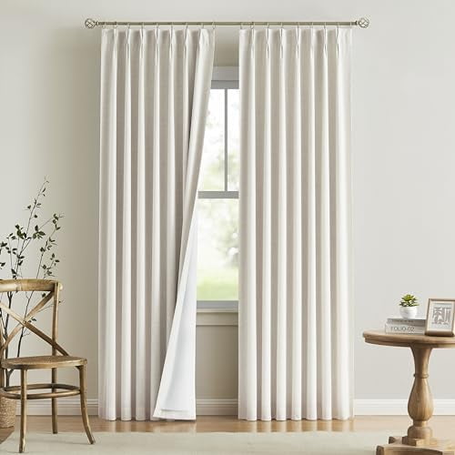 Natural Pinch Pleated Full Blackout Curtains, Linen Blended Room Darkening Thermal Insulated Drapes with Hooks, 2 Panels 40x90 Inches for Living Room and Bedroom Windows
