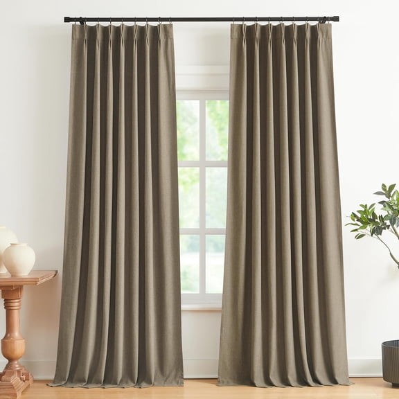 Natural Pinch Pleated Full Blackout Curtains Linen Blended Room Darkening Window Curtains 90 inch for Living Room Bedroom Thermal Insulated Pinch Pleat Drapes with Hooks 2 Panel 40"Wx90"L