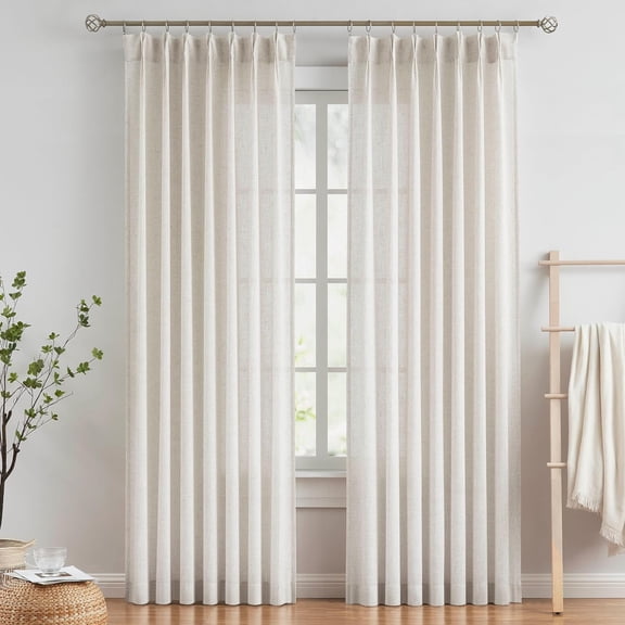 Natural Pinch Pleated Semi Sheer Curtains Textured Linen Blend Light Filtering Window Drapes 42" W x 102" L Panel Set for Living Room Bedroom with Hooks