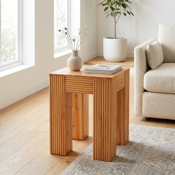 Natural Pine Fluted Leg Side Table with Elephant Design - Modern Accent