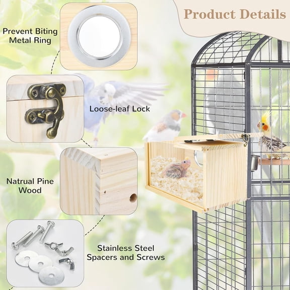 Natural Pine Parrot Nesting Box with Transparent Acrylic Window for Bird Breeding