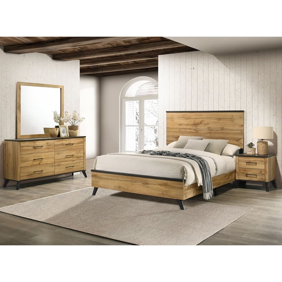Natural Pine Queen Bedroom Set 4 Piece with Weathered Brown Trim, Nightstand, Dresser & Mirror, Mid-Century Modern Style