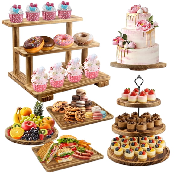 Natural Pine Wood Dessert Table Display Set 6 Pieces Cupcake Tower Cake Pedestal Stand Multi Tier Rectangular Shelves Square Serving Trays For Wedding Birthday Party
