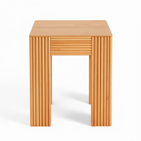 Natural Pine Wood Fluted Side Table with Elephant-Leg Design, Compact End Table & Nightstand, 17.72 x 17.72 x 22.24 in