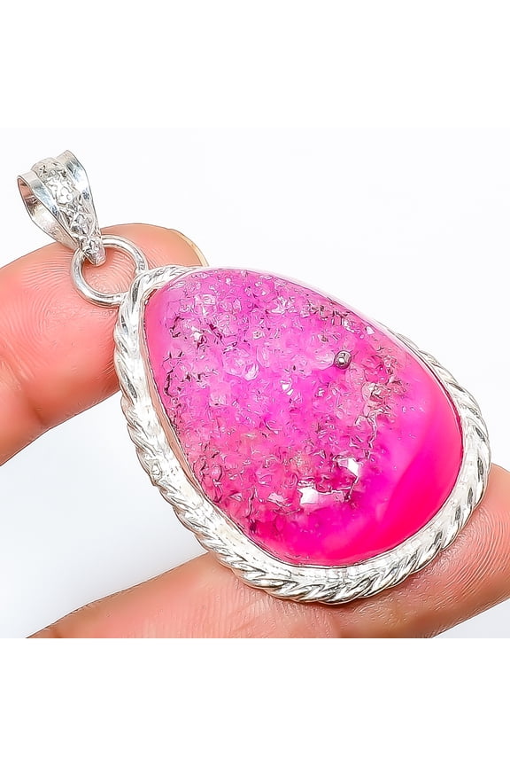 Natural Pink Agate Drusy 925 Silver Plated Pendant 2.15"|Handmade Pendant, Gift for her, Pink Pendant, Gemstone Silver Jewelry