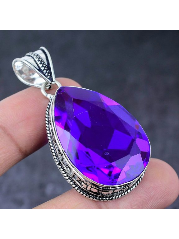 Natural Pink Amethyst Gemstone Handmade 925 Sterling Silver Pendant 2.13"