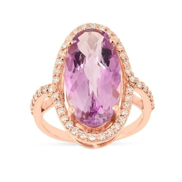 Natural Pink Amethyst Oval Rose Gold Over Silver Large Amethyst Statement Ring For Her- Pink Amethyst Oval Halo Ring for Women