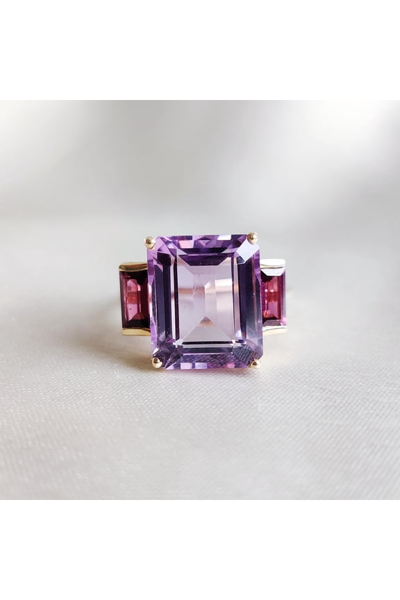 Natural Pink Amethyst & Rhodolite Garnet Ring, 14K Solid Yellow Gold Ring, Emerald Cut Amethyst Ring, February Birthstone, Multi Stone Ring
