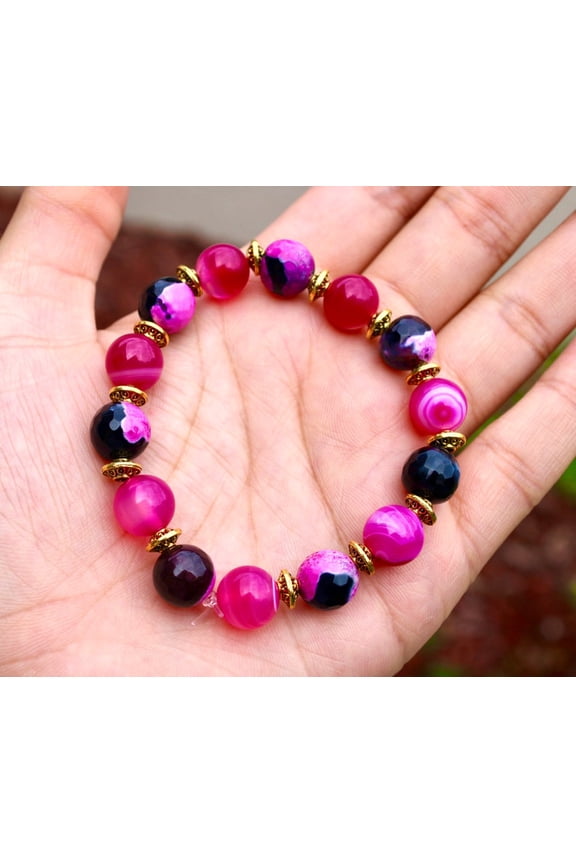 Natural Pink & Black Fire Agate 10mm round Shape Smooth Cut Beads Stretchable Bracelet for Men & Women.